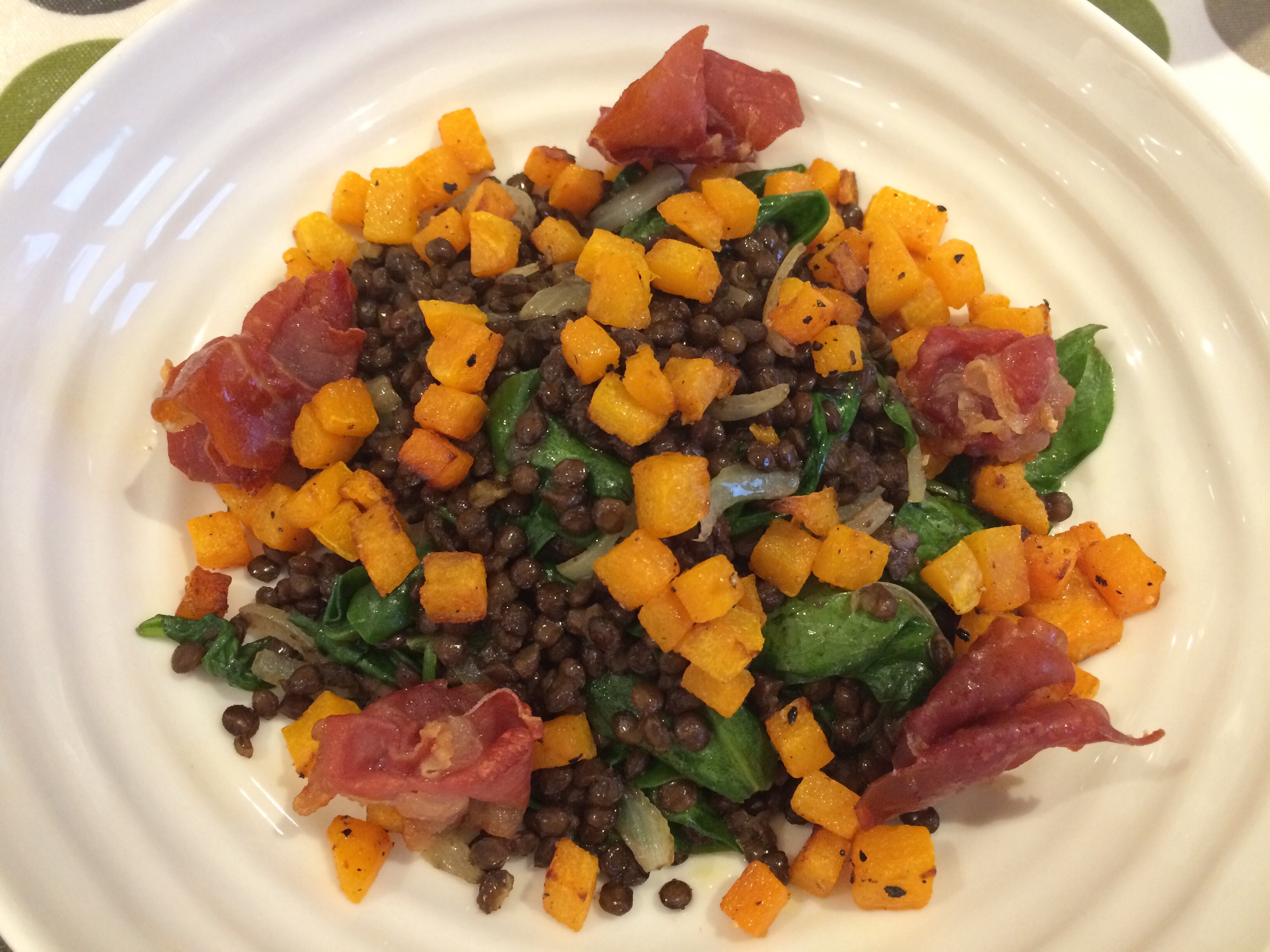 Puy lentils with squash and ham