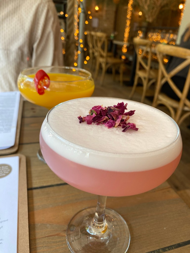 Two cocktails - lychee rose martini and chilli mango margarita