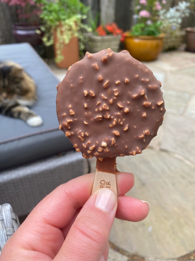 A gluten free chocolate and nut covered ice cream on a stick