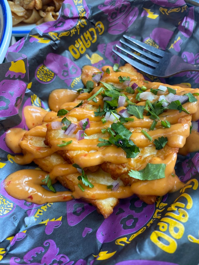 Fried halloumi sticks with spicy sauce and herbs on a colourful paper wrapper