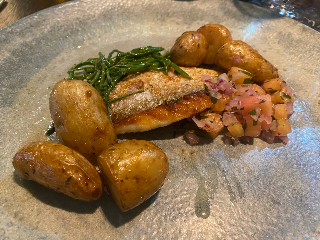 A textured plate containing a piece of seared red mullet fillet, some new potatoes that slightly dwarf the fish, samphire and a pineapple salsa